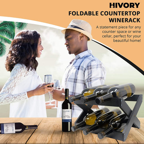 Hivory Wine Rack ~Counter top Wine Racks~ Foldable Wooden Wine Rack ~ Space Saver Wine Bottle Holder ~ Elegant Wine Holder for Kitchen, Bar, Cabinets ~ Holds 6 Bottles (Black, 1)
