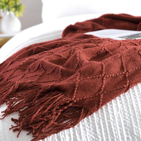 Walensee Throw Blanket for Couch, 50 x 60 Rust, Acrylic Knit Woven Summer Blanket, Lightweight Decorative Soft Nap Throw with Tassel for Chair Bed Sofa Travel Picnic, Suitable for All Seasons
