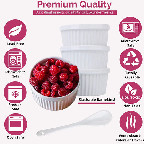 Souffle Dish Ramekins for Baking 12 Ounce (Set of 4, White with 4 Extra Spoons) 12 Oz Ceramic Oven Safe Round Fluted Ramekin Bowl for Desserts Soups Snacks Quiche Appetizers Casserole Creme Brulee