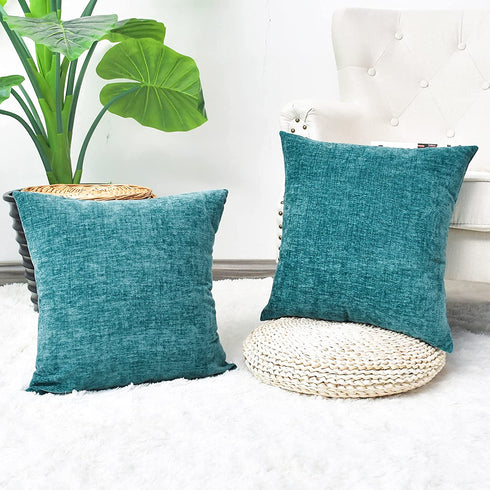 CaliTime Pack of 2 Cozy Throw Pillow Covers Cases for Couch Sofa Home Decoration Solid Dyed Soft Chenille 20 X 20 Inches Teal