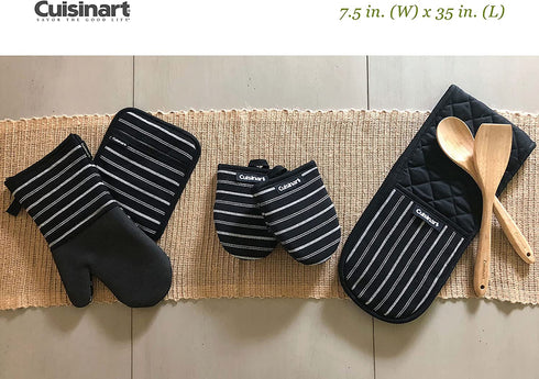 Cuisinart Quilted Double Oven Mitt, Twill Stripe, 7.5 x 35 inches - Heat Resistant Oven Gloves to Protect Hands and Arms - Great Set for Cooking, Baking, and Handling Hot Pots and Pans- Jet Black