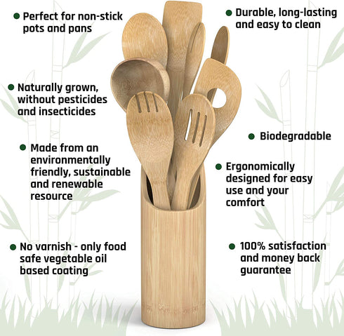 Electy Wooden Spoons for Cooking 8piece Set with Soup Spoon, Bamboo Spatula, Bamboo Utensil Holder