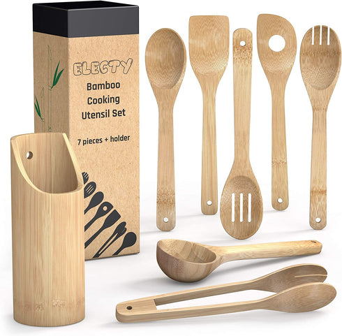Electy Wooden Spoons for Cooking 8piece Set with Soup Spoon, Bamboo Spatula, Bamboo Utensil Holder