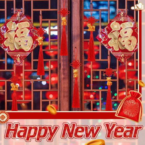16 Pieces 2022 Chinese New Year Decorations Chinese Knot with New Year Tiger Charm Red Blessing Bag with Fringe Chinese Feng Shui Tiger Tassel for New Year Home Wealth Success Good Luck Success