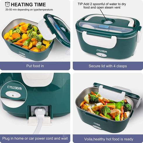 Electric Lunch Box -- Toursion Portable Food Heater 2 in 1 for Car/Truck and Work 110V&12V-24V 40W, Removable Stainless Steel Portable Food Warmer 1.5L, Spoon and 2 Compartments Included (Dark Green)