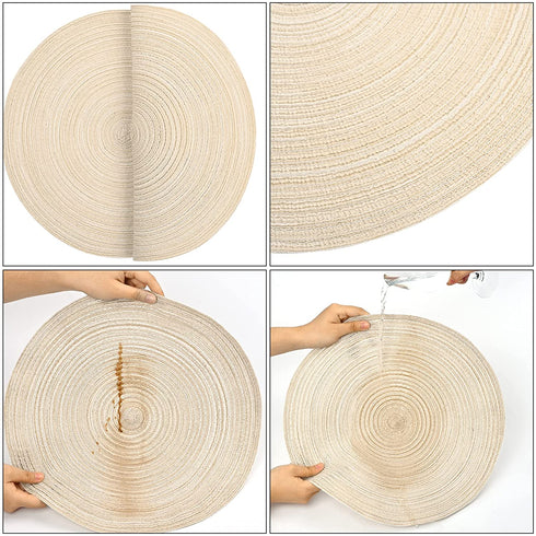 16 PCS Round Placemats and Coasters Set Braided Heat-Resistant Non-Slip Waterproof Durable Indoor Outdoor Coffee Kitchen Table Mats for Dining Tables(Beige,8 Placemats and 8 Coasters)