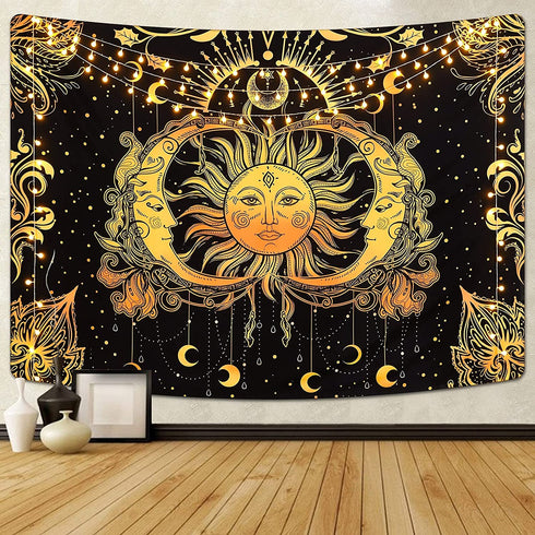 Sun and Moon Tapestry Stars Tapestry Black and Gold Wall Tapestry Psychedelic Moon Tapestry Trippy Celestial Tapestry Wall Hanging for Room (51.2 — 59.1 inches)