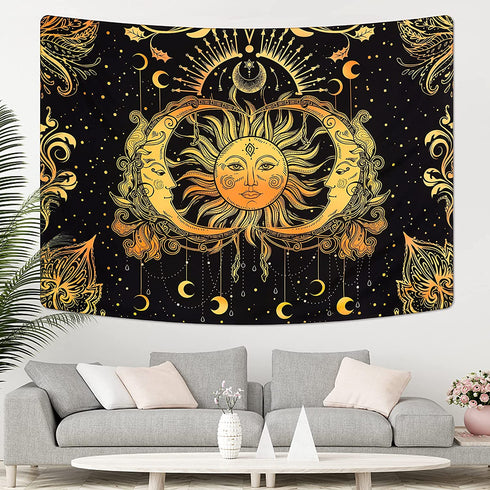 Sun and Moon Tapestry Stars Tapestry Black and Gold Wall Tapestry Psychedelic Moon Tapestry Trippy Celestial Tapestry Wall Hanging for Room (51.2 — 59.1 inches)