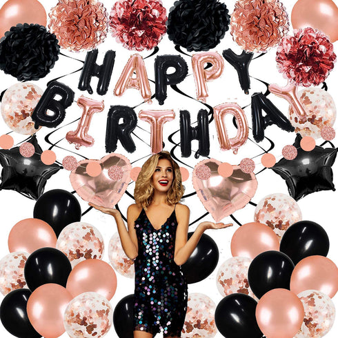 Rose Gold Black Birthday Decorations Set 44 Pieces balloon kit with foil Balloons Suit for 1st 16th 18th 21th 30th 35th 40th 50th 60th 70th, Women Grils Rose Gold and Black Birthday Party Decorations SupplieS