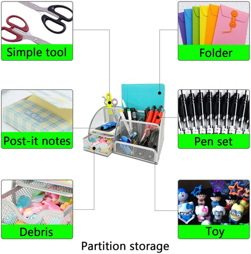 MDHAND Office Desk Organizer and Accessories, Mesh Desk Organizer with 6 Compartments + Drawer