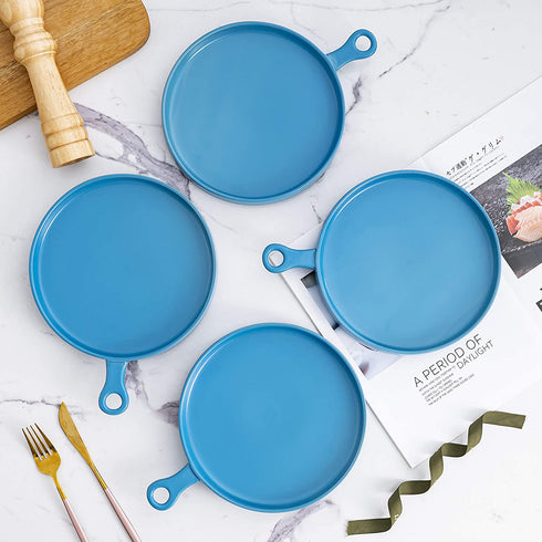 Dinner Plates Plate Set of 4, Ceramic 8 Inch Dinner Plates, Elegant Matte Serving Dinner Plates With Skillet Look Handle for Pizza, Steak, Pasta, Salad, Serving Trays, Blue