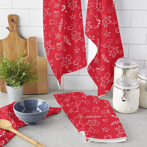 HELLOWINK Christmas Gingerbread Man Microfiber Kitchen Towels with Hanging Loop, Super Absorbent&Machine Washable Dish Towels Hand Towels for Home Kitchen Bars, 18 x 28 Inches, Red