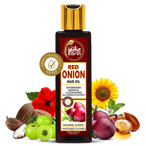 THE INDIE EARTH RED ONION ANTI HAIR LOSS & HAIR GROWTH OIL WITH PURE ARGAN, JOJOBA, ROSEMARY, BLACK SEED OIL IN PUREST FORM VERY EFFECTIVELY CONTROL HAIR LOSS, PROMOTES HAIR GROWTH 200ml