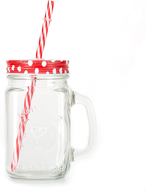 Mason Jar Mugs with Handle, multi COLORED Lids and Plastic Straws. 16 Oz. Each. Old Fashion Drinking Glasses - pack of 4 by Premium Vials