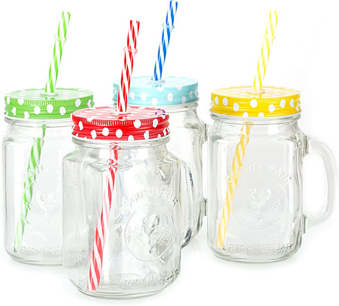 Mason Jar Mugs with Handle, multi COLORED Lids and Plastic Straws. 16 Oz. Each. Old Fashion Drinking Glasses - pack of 4 by Premium Vials