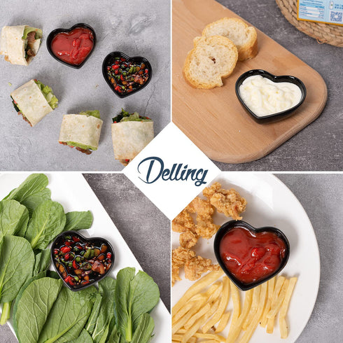 Delling Soy Sauce Dish -Black Sauce Cups - Heart Dipping Bowls/Small Bowls for Ketchup, Soy or Seasoning and Christmas Thanksgiving Valentines Day Gifts-12 Packs, 1.3 Oz