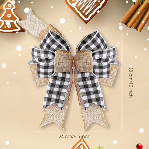 Syhood 4 Pieces Black and White Burlap Bows Christmas Wreath Bows Large Buffalo Plaid Wreath Bows Craft Ribbon Bows Tree Topper Bows Rustic Checkered Bows for Wedding Party Decoration 9.4 x 13 Inch