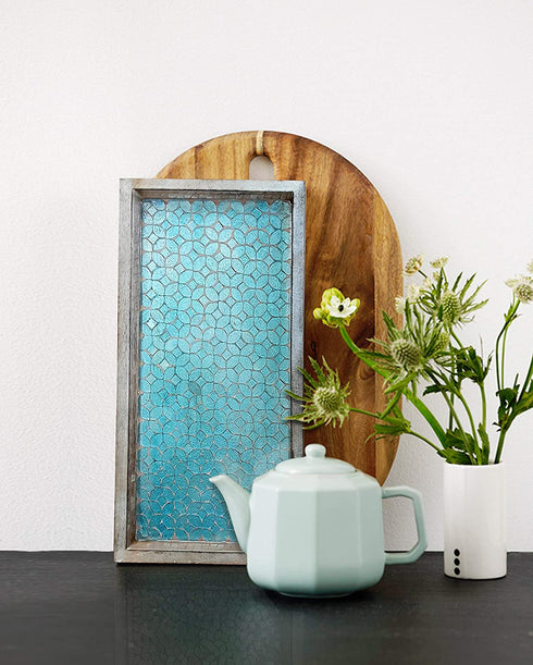nu steel Luxury Aqua Marine Mirror Mosaic & Wood Tray for Bathrooms, Countertops, Jewelry, Perfume, Storage