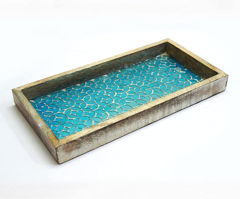 nu steel Luxury Aqua Marine Mirror Mosaic & Wood Tray for Bathrooms, Countertops, Jewelry, Perfume, Storage