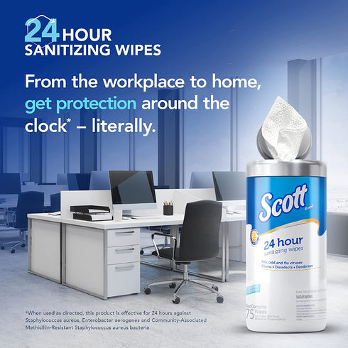 Scott 24 Hour Sanitizing Wipes Multi-Surface Cleaning & Disinfecting, Continuous Sanitization for 24 Hours (54478), 2 Canisters x 75 Count, 150 Wipes