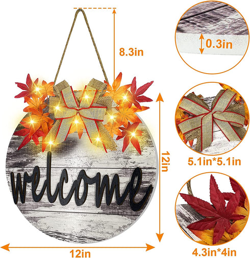 TURNMEON 10 LED Lighted Fall Welcome Sign Wreath for Front Door,Maple Leaves Wooden Hanging Sign Battery Operated Autumn Harvest Thanksgiving Fall Decoration Wall Porch Indoor Outdoor Home(Warm White)