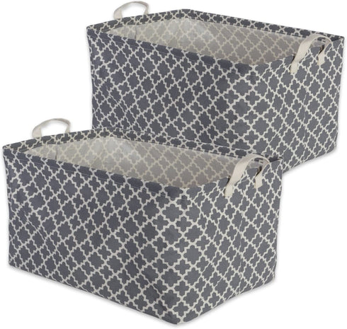 DII Laundry Storage Collection PE Coated Collapsible Cotton/Polyester Bin w/Handles, Large Set, 10.5x17.5x10, Gray Lattice, 2 Piece