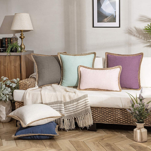 Phantoscope Pack of 2 Farmhouse Decorative Throw Pillow Covers Burlap Linen Trimmed Tailored Edges Purple 22 x 22 inches, 55 x 55 cm