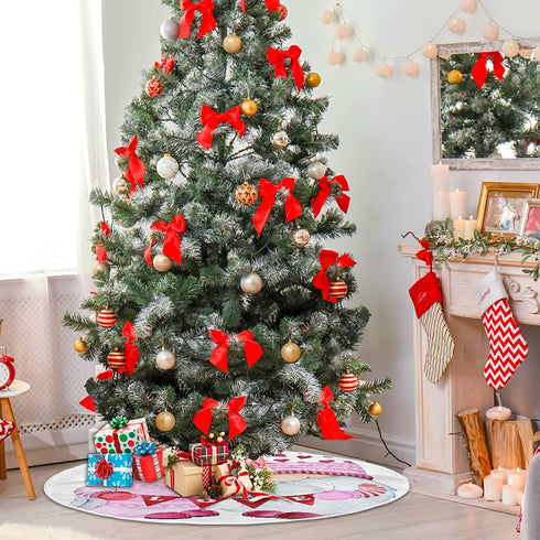 Aflyko Valentine's Day Tree Skirt Pink Gnome Love Couple Xmas Tree Base Cover Mat Party Living Room Tree Stand Mat Daily Seasonal Home Wedding Decor 35.4"