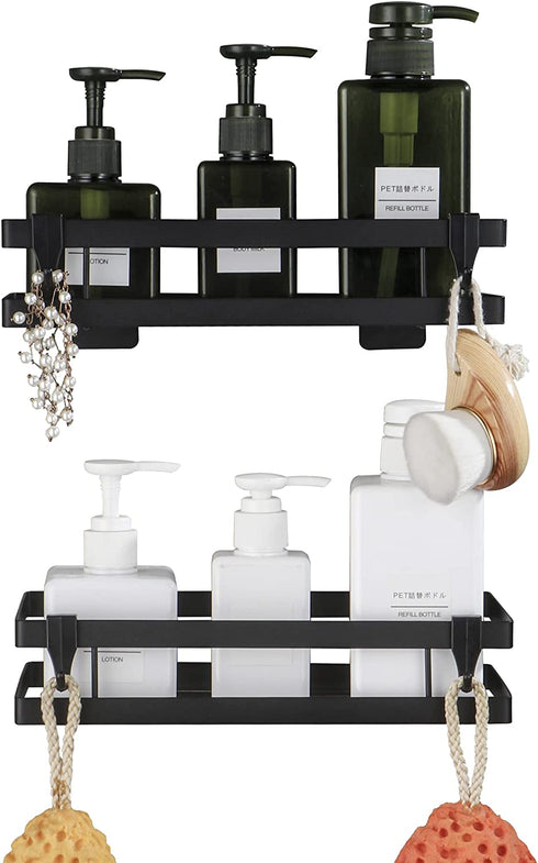 DUFU Shower Shelves Bathroom Caddy Organizer with Hooks, No Drilling Adhesive Wall Mount Carbon Steel Storage Rack for Bathroom, Kitchen and Toilet - 2 Pack