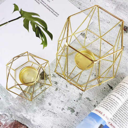 Geometric Gold Tealight Holder for Table Decor Large and Small Metal Hexagon Votive Candle Centrepiece for Shelf Decor Set of 2