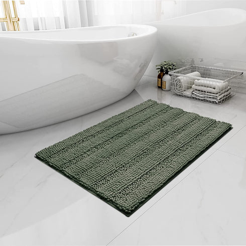 Easy-Going Luxury Chenille Striped Pattern Bath Mat, 20x32 in, Soft Plush Bath Rug, Absorbent Bathroom Rug, Non Slip Perfect Carpet Rugs for Shower, Bedroom, Front Door, Enterway (Greyish Green)
