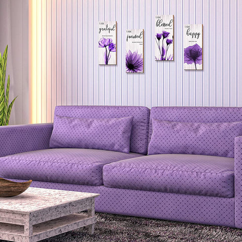 4 Pieces Flower Pictures Wall Decor Living Room Hanging Pictures Wooden Art Wall Decor Wall Art Pictures Thankful Grateful Blessed Home Decoration (Purple)