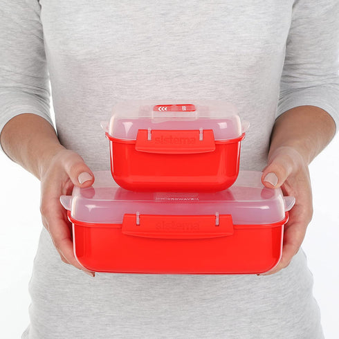 Sistema Heat and Eat 4 Rectangular Food Containers with Lids 1.25L + 2X 525ml | Locking Clips & Steam Release Vents | BPA-Free Microwave Set, 2x 1.25 Litre + 2x 525 ml, Red