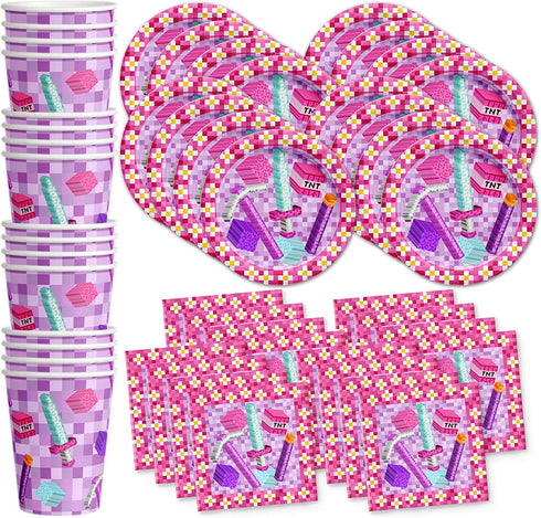Girl Pixel Mining Birthday Party Supplies Set Plates Napkins Cups Tableware Kit for 16