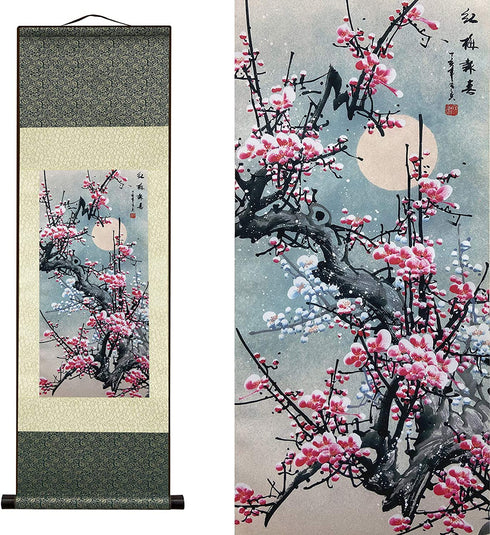 AtfArt Asian Wall Decor Beautiful Silk Scroll Painting Flowers - Plum - Red Plum Primula Primula Rubra Oriental Decor Chinese Art Wall Scroll Wall Hanging Painting Scroll (39 x 12 in)