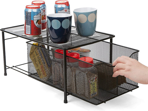 Mind Reader 'CABASKDR' Black Metal Mesh Storage Basket with Sliding Drawer and Steel Mesh Platform On Top