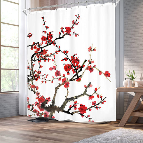 Homewelle Plum Shower Curtain Blossom Aesthetic Watercolor Floral 60Wx72L Inch Red Cherry Cute Traditional Weeping Flower Japanese Branch Ink Scenery Asian Waterproof Polyester Fabric Bathroom Bathtub