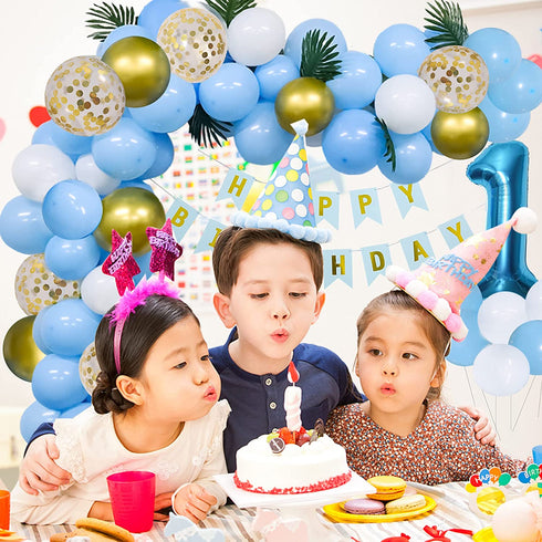 1st Birthday Party Decorations - Blue and Gold Macaron Balloons Arch Garland Kit - Air Pump, Aluminum Foil Paper No.1 Balloon, Gold Confetti Balloons, Gold Balloons, Pine Needles, Pull the Flag - Baby Birthday Decoration - Boy Or Girl