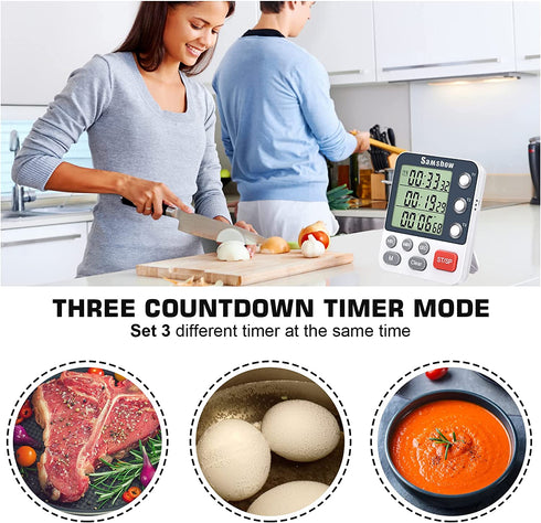 Digital Kitchen Timer 3 Channels Triple Timer Daul Timers Cooking Timer Magnetic Stopwatch Timer for Classroom Countdown Clock for Kid Large LCD Display Adjustable Volume Loud Alarm(Battery Included)
