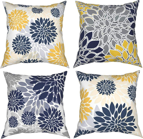 Throw Pillow Covers 18 X 18 Set of 4,Navy Blue Gold Oversized Flower Geometry Square Pillow Cushion Cases,Yellow and Gray Floral Modern Decorative Pillow Covers for Couch Sofa Bedroom Car