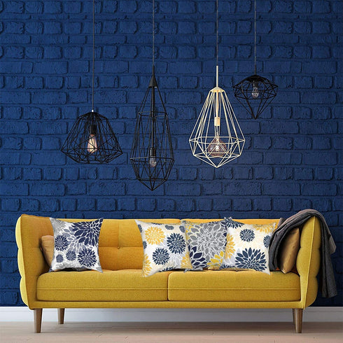 Throw Pillow Covers 18 X 18 Set of 4,Navy Blue Gold Oversized Flower Geometry Square Pillow Cushion Cases,Yellow and Gray Floral Modern Decorative Pillow Covers for Couch Sofa Bedroom Car