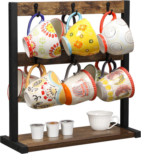 OROPY Vintage Wood Coffee Mug Holder Stand, 2 Tier Countertop Mug Tree Holder Rack for Coffee Mugs Cups (Dark Brown) (12 Hooks)