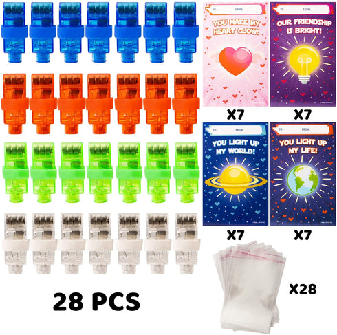 JOYIN 28 Packs Valentines Cards with LED Finger Lights, Light Up Finger Beams Lights Glow in the Dark Toys for Kids Valentines Day Gift Exchange, Birthday Holiday Party Favors