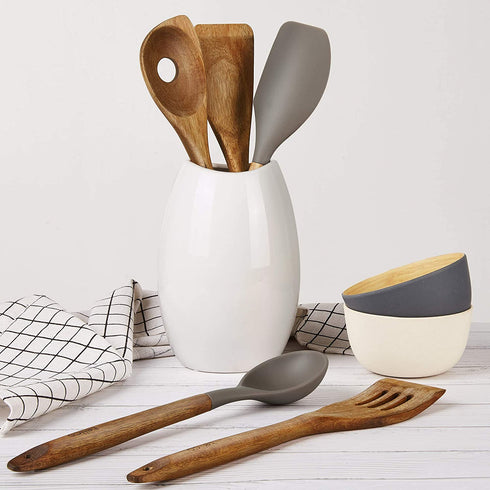 5 Piece Natural Acacia Hard Wood Kitchen Cooking Utensils, Silicone Spoon and Spatula, Slotted Turner, Flat Turner, Corner Spoon €¦