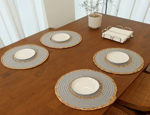 LEVIMETREE Rattan Placemats Set of 4, Natural Cotton and Rattan Woven Coasters, 11.8-inch Round Placemats for Dining Table, Kitchen, Heat Resistant Thick Rattan Chargers, Fall Place Mat Grey Placemats