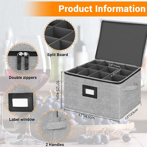 Stemware Storage Box,China Storage Containers Chest Boxes Holds 12 Wine Glass or Crystal Glassware with Lable Window and Handles,Hard Shell and Stackable (Grey)
