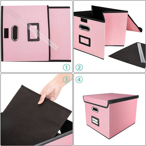 Collapsible File Storage Organizer Boxes with Lids, Huolewa Linen Document Storage, Universal Hanging Filing Organization Box for Letter/Legal Folder, Decorative Office /Home File Bins - Pink (2 Pack)
