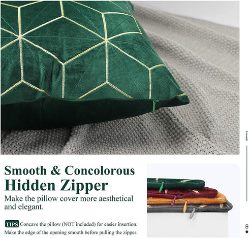 Lewondr Golden Embroidery Velvet Throw Pillow Cover, 2 Pack Soft Velvet Throw Pillow Case Golden Lines Embroidered Rhombus Pattern Back Cushion Cover for Car Sofa Bed 18"x18"(45x45cm), Dark Green