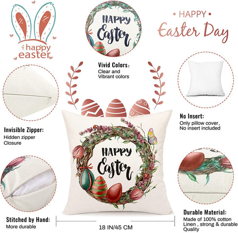 AOKE Set of 4 Easter Throw Pillow Covers 18 x 18 Inches, Rabbit Bunnies with Eggs Cotton Linen Pillow Case, Spring Season's Sofa Bed Throw Cushion Cover Decoration