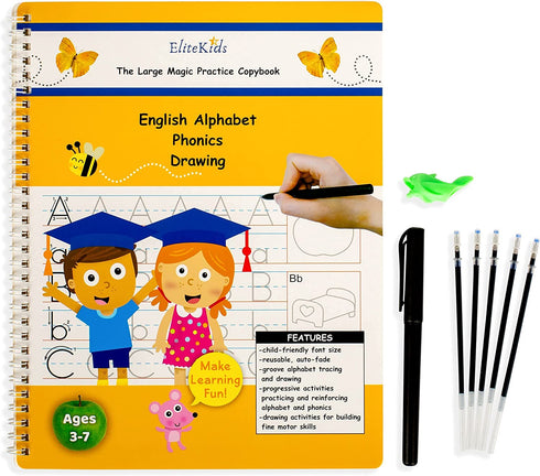 EliteKids Large Magic Practice Copybook for Kids. Groove Letter Tracing Alphabet Book, Phonics and Handwriting Book in English. Pre K and Kindergarten Workbook with Copy Book Magical Writing Pen.